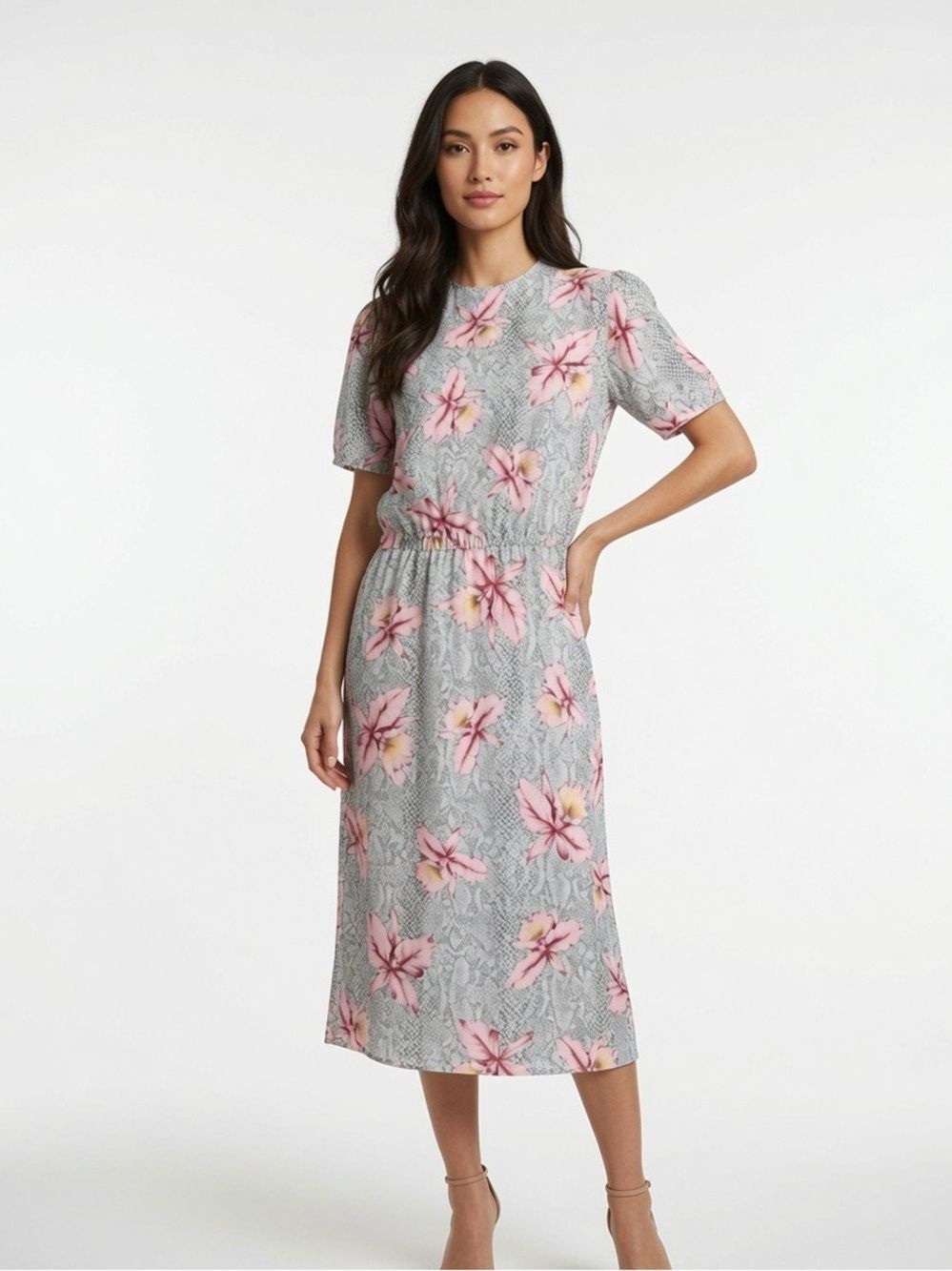 Hand Sewn Gray White Midi Dress with Pink Floral Print Retro Vintage